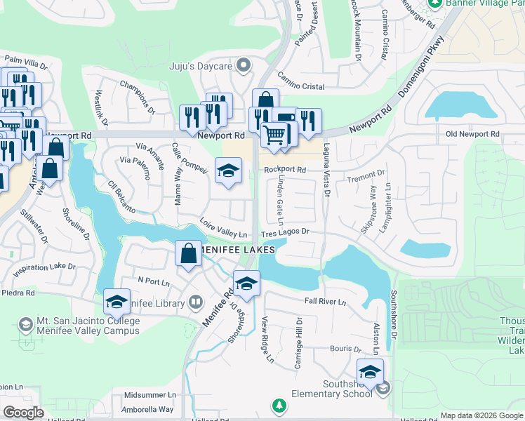 map of restaurants, bars, coffee shops, grocery stores, and more near 30272 Tattersail Way in Menifee