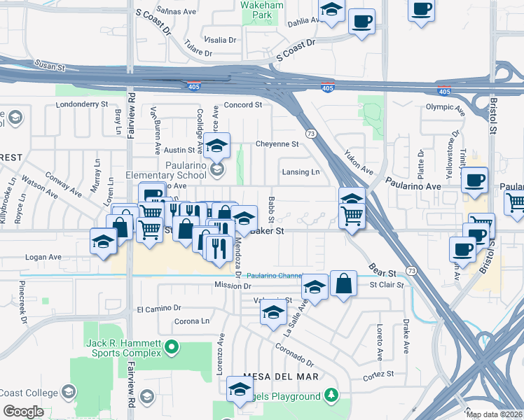 map of restaurants, bars, coffee shops, grocery stores, and more near 3013 Harding Way in Costa Mesa