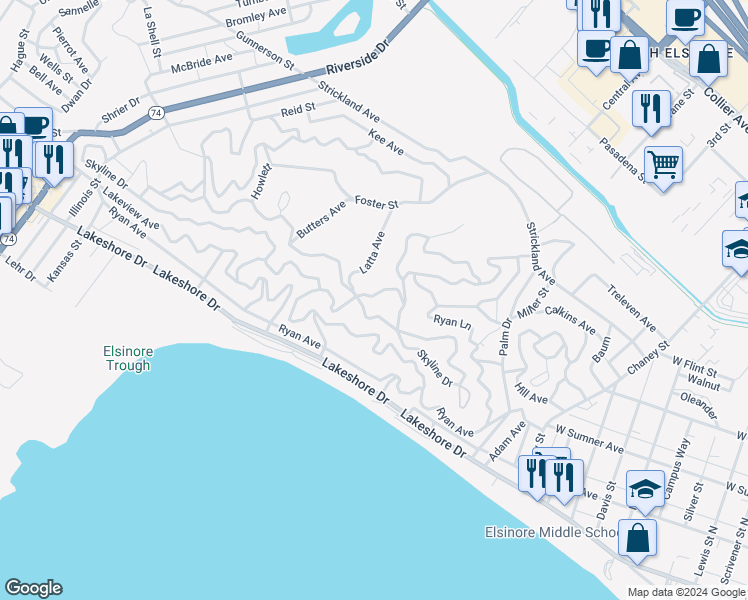map of restaurants, bars, coffee shops, grocery stores, and more near Sunnyslope Avenue in Lake Elsinore