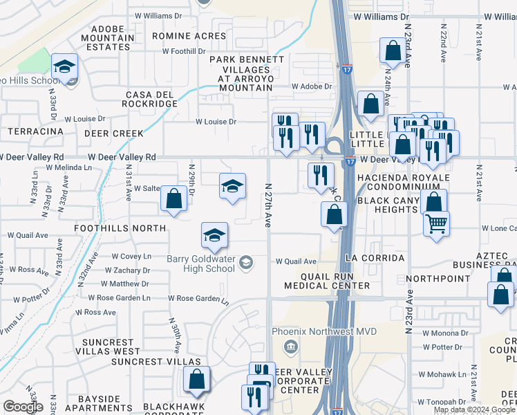 map of restaurants, bars, coffee shops, grocery stores, and more near 21100 North 27th Avenue in Phoenix