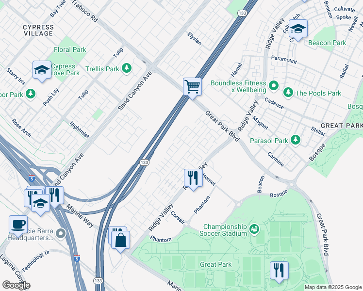 map of restaurants, bars, coffee shops, grocery stores, and more near 115 Augustine in Irvine