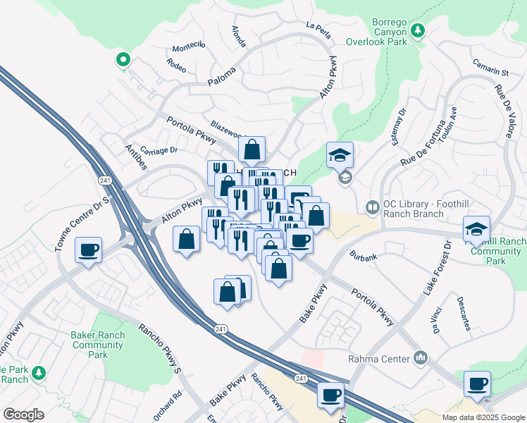 map of restaurants, bars, coffee shops, grocery stores, and more near 26696 Portola Parkway in Lake Forest