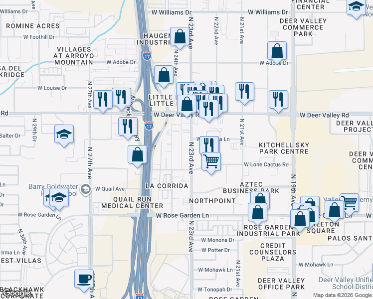map of restaurants, bars, coffee shops, grocery stores, and more near 21427 North 23rd Avenue in Phoenix