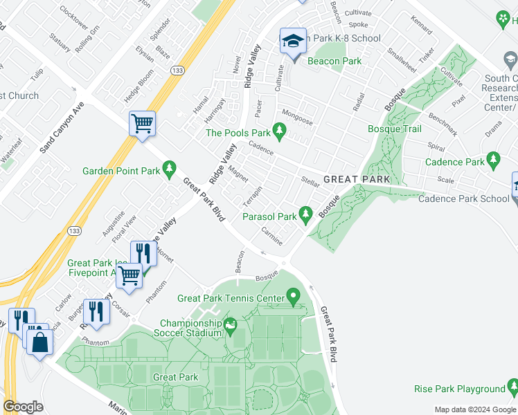 map of restaurants, bars, coffee shops, grocery stores, and more near 202 Terrapin in Irvine
