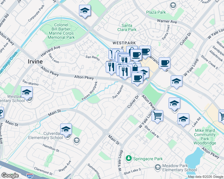 map of restaurants, bars, coffee shops, grocery stores, and more near 3 Coromande in Irvine