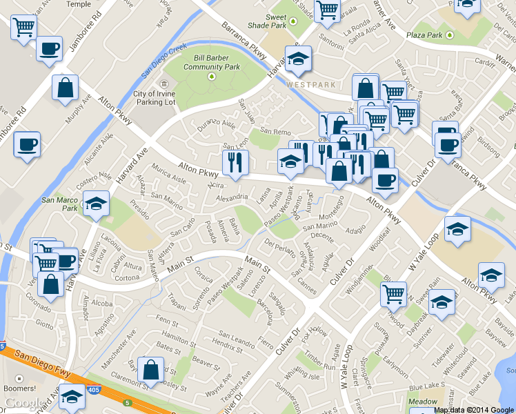 map of restaurants, bars, coffee shops, grocery stores, and more near 605 San Marino in Irvine