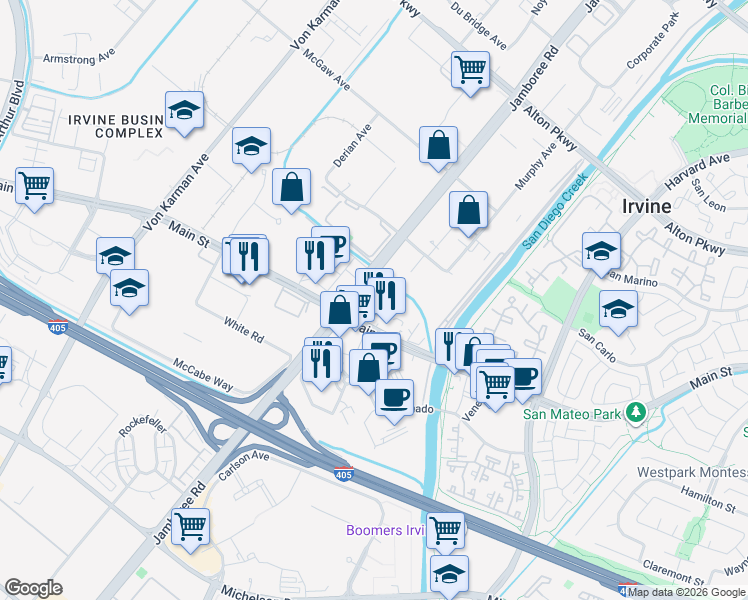 map of restaurants, bars, coffee shops, grocery stores, and more near 2801 Jamboree Road in Irvine