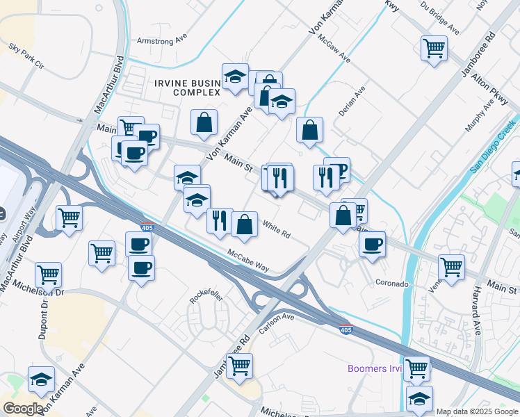 map of restaurants, bars, coffee shops, grocery stores, and more near 2100 Sullivan in Irvine