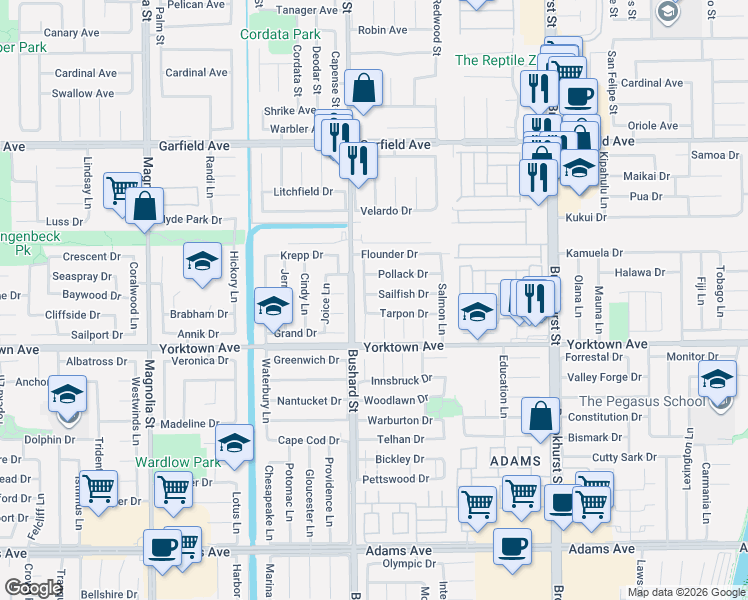 map of restaurants, bars, coffee shops, grocery stores, and more near 9561 Tarpon Drive in Huntington Beach