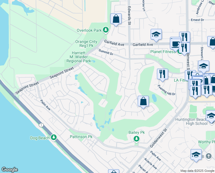 map of restaurants, bars, coffee shops, grocery stores, and more near 6531 Morningside Drive in Huntington Beach