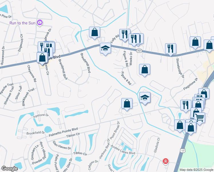 map of restaurants, bars, coffee shops, grocery stores, and more near 172 Olde Towne Way in Myrtle Beach