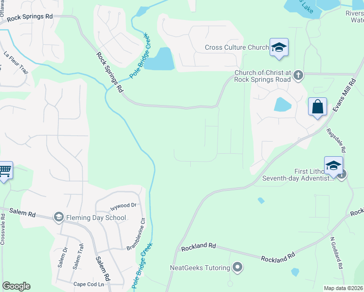 map of restaurants, bars, coffee shops, grocery stores, and more near 6145 Rock Springs Road in Stonecrest