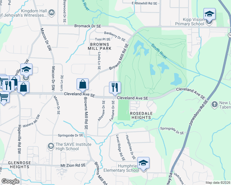 map of restaurants, bars, coffee shops, grocery stores, and more near 187 Cleveland Avenue Southeast in Atlanta