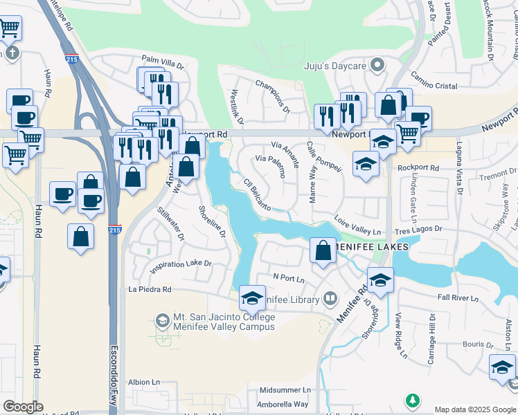 map of restaurants, bars, coffee shops, grocery stores, and more near 30207 Calle Belcanto in Menifee