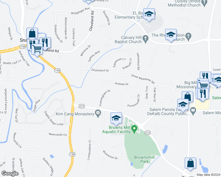 map of restaurants, bars, coffee shops, grocery stores, and more near 3484 Framingham Drive in Stonecrest