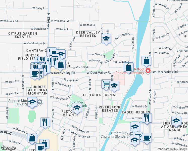 map of restaurants, bars, coffee shops, grocery stores, and more near 7839 West Deer Valley Road in Peoria