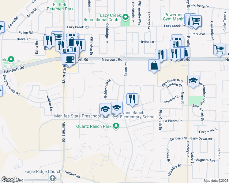 map of restaurants, bars, coffee shops, grocery stores, and more near 30312 Carob Tree Circle in Menifee