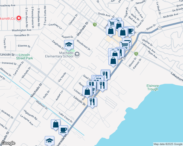 map of restaurants, bars, coffee shops, grocery stores, and more near 16459 Joy Street in Lake Elsinore