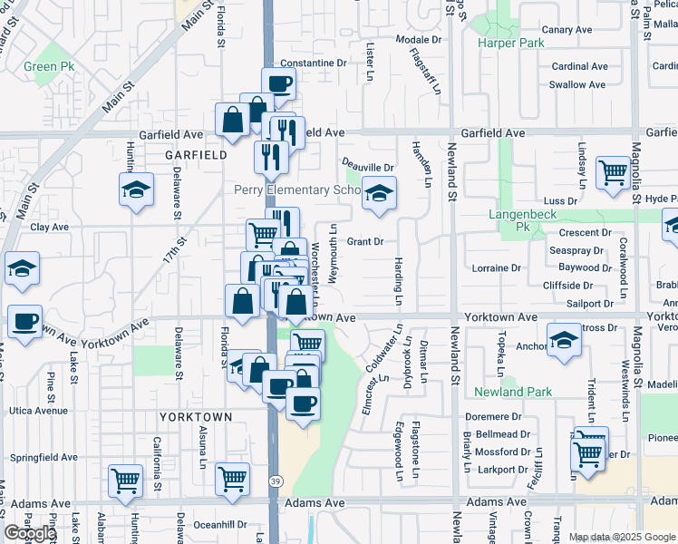 map of restaurants, bars, coffee shops, grocery stores, and more near 19362 Weymouth Lane in Huntington Beach