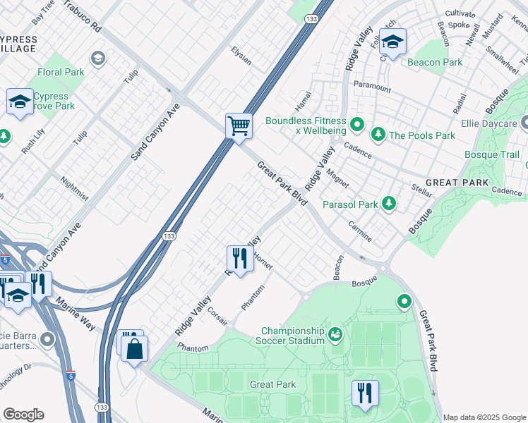 map of restaurants, bars, coffee shops, grocery stores, and more near 124 Tubeflower in Irvine