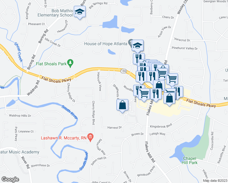 map of restaurants, bars, coffee shops, grocery stores, and more near 3477 Shepherds Path in Decatur