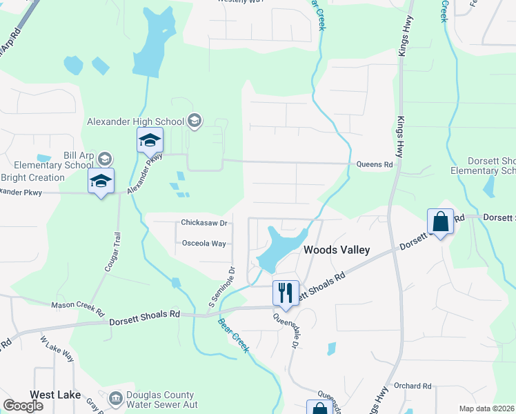 map of restaurants, bars, coffee shops, grocery stores, and more near 6331 Fairoaks Place in Douglasville