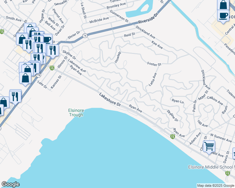 map of restaurants, bars, coffee shops, grocery stores, and more near Cowell Street in Lake Elsinore