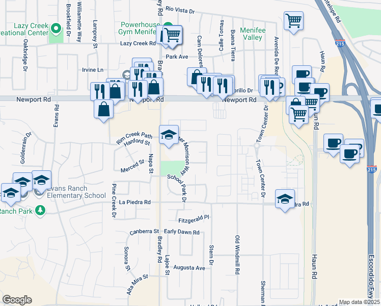 map of restaurants, bars, coffee shops, grocery stores, and more near 30262 Chester Morrison Way in Menifee