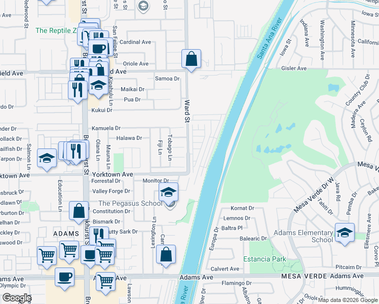 map of restaurants, bars, coffee shops, grocery stores, and more near 19350 South Ward Street in Huntington Beach
