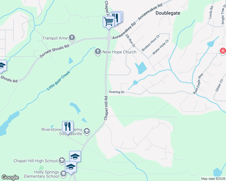 map of restaurants, bars, coffee shops, grocery stores, and more near 4270 Soaring Drive in Douglasville