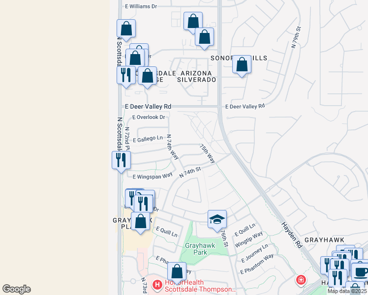 map of restaurants, bars, coffee shops, grocery stores, and more near 7438 East Whistling Wind Way in Scottsdale