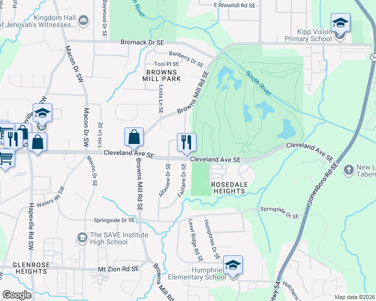 map of restaurants, bars, coffee shops, grocery stores, and more near 187 Cleveland Avenue Southeast in Atlanta