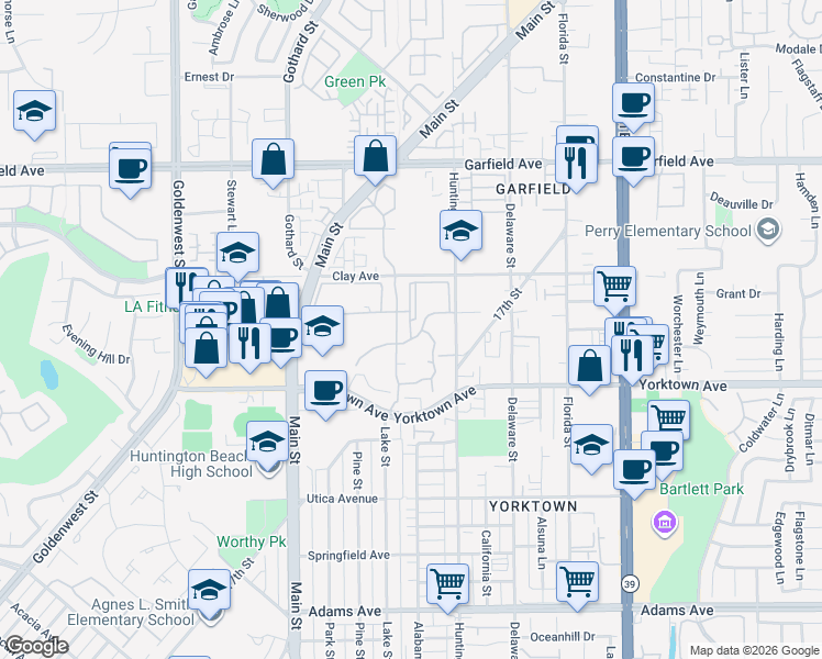 map of restaurants, bars, coffee shops, grocery stores, and more near 19431 Sunray Lane in Huntington Beach