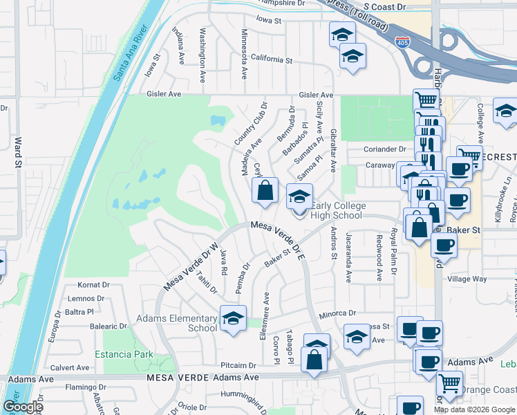 map of restaurants, bars, coffee shops, grocery stores, and more near 3017 Ceylon Road in Costa Mesa
