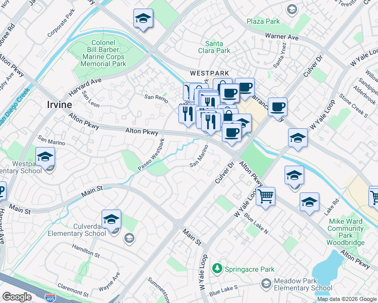 map of restaurants, bars, coffee shops, grocery stores, and more near 3 Coromande in Irvine