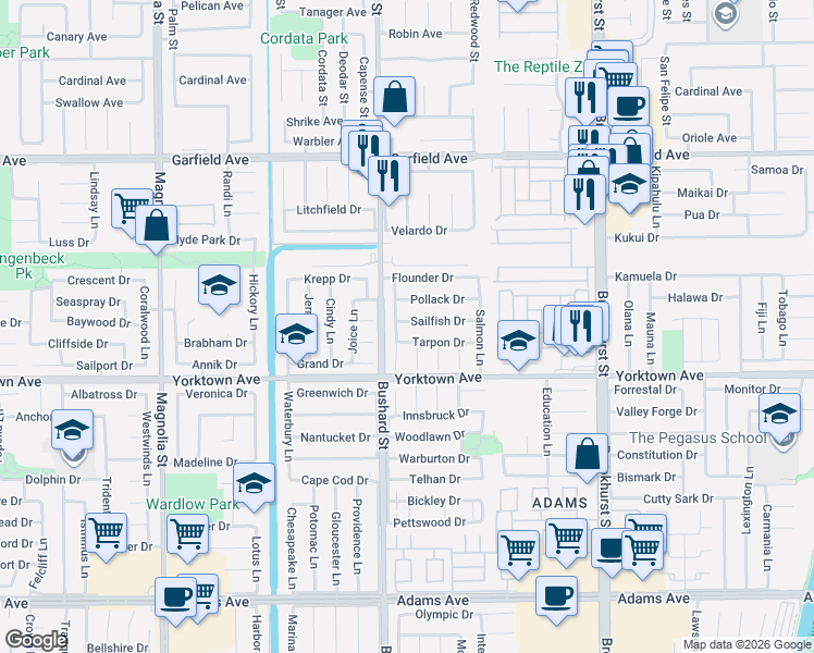 map of restaurants, bars, coffee shops, grocery stores, and more near 9561 Tarpon Drive in Huntington Beach