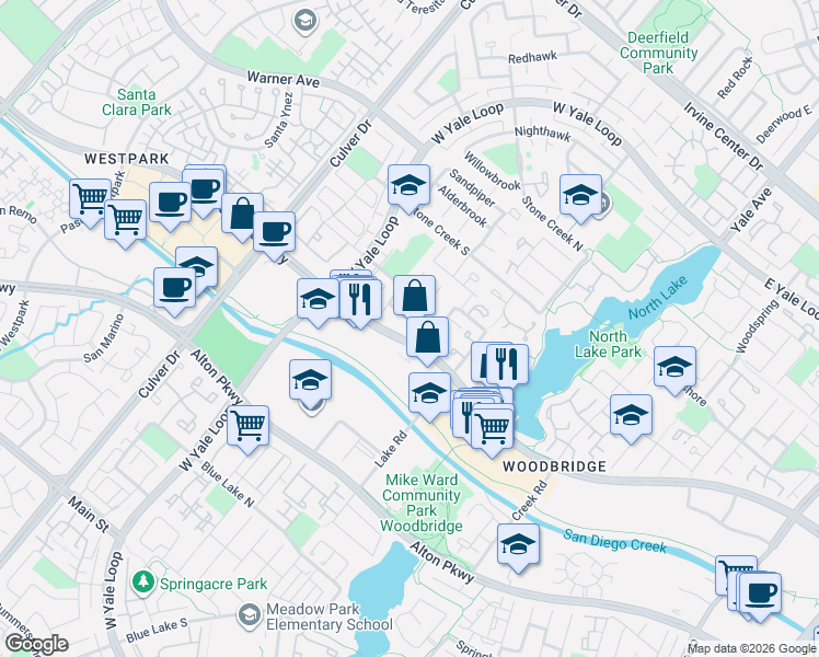 map of restaurants, bars, coffee shops, grocery stores, and more near 12 Blackswan in Irvine