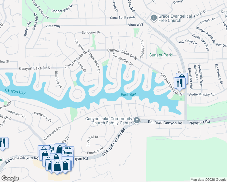 map of restaurants, bars, coffee shops, grocery stores, and more near 30336 Point Marina Drive in Canyon Lake