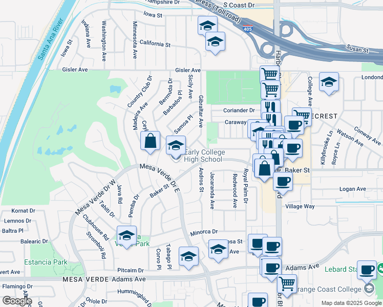 map of restaurants, bars, coffee shops, grocery stores, and more near 1653 Labrador Drive in Costa Mesa