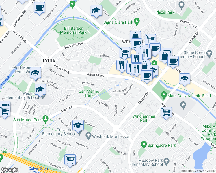 map of restaurants, bars, coffee shops, grocery stores, and more near 21 Belcanto in Irvine