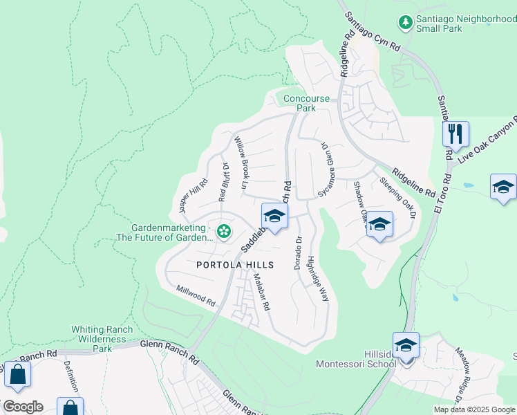 map of restaurants, bars, coffee shops, grocery stores, and more near 19322 Brushwood Lane in Trabuco Canyon