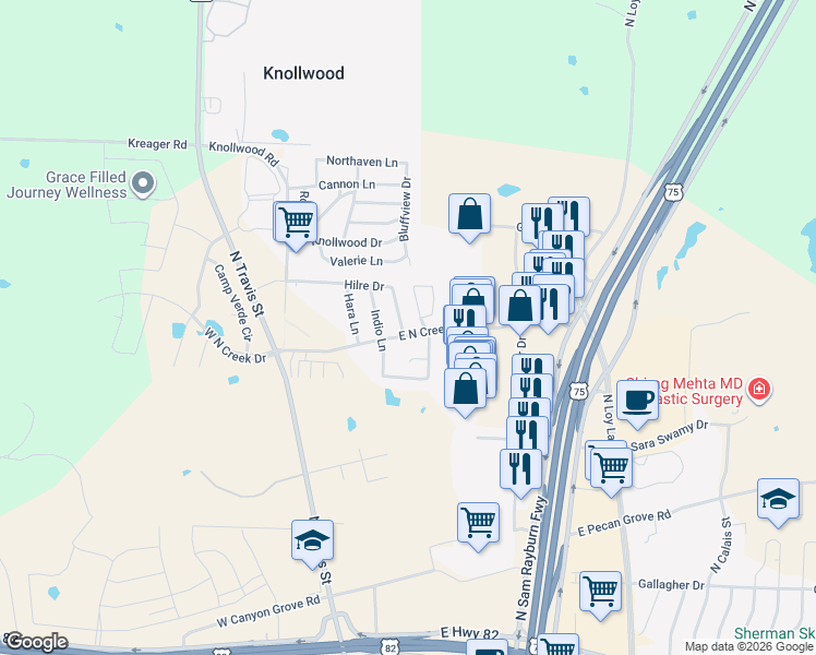 map of restaurants, bars, coffee shops, grocery stores, and more near 4803 Hilre Drive in Sherman