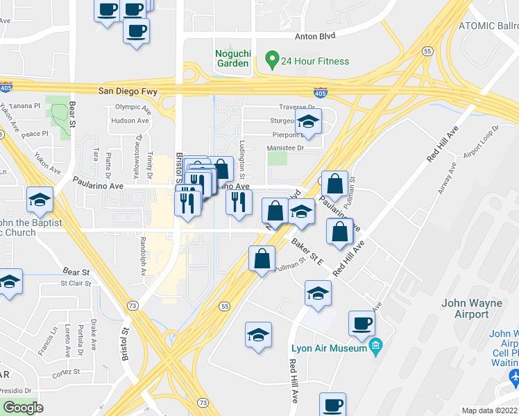 map of restaurants, bars, coffee shops, grocery stores, and more near 555 Paularino Avenue in Costa Mesa