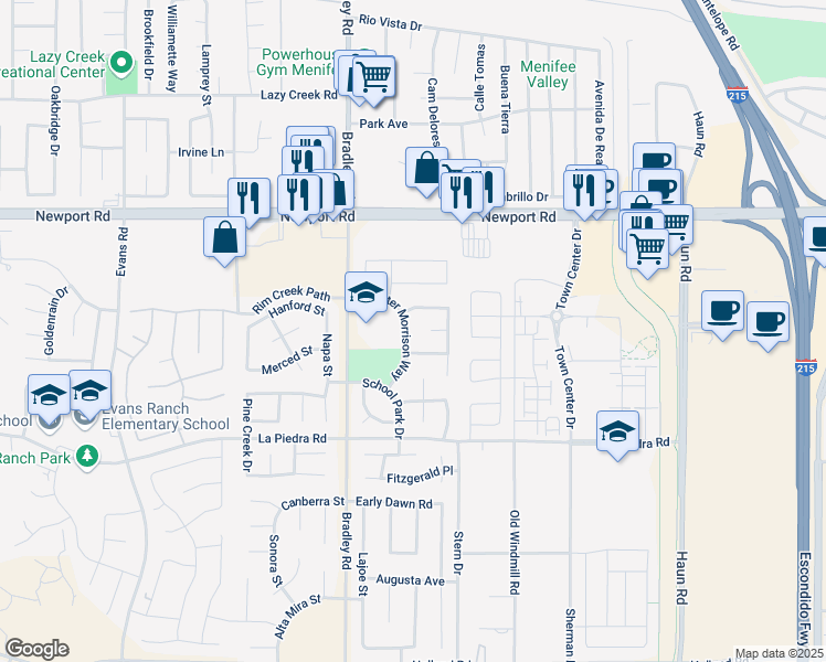 map of restaurants, bars, coffee shops, grocery stores, and more near 30242 Chester Morrison Way in Menifee