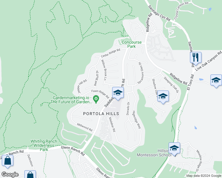 map of restaurants, bars, coffee shops, grocery stores, and more near 19322 Brushwood Lane in Trabuco Canyon