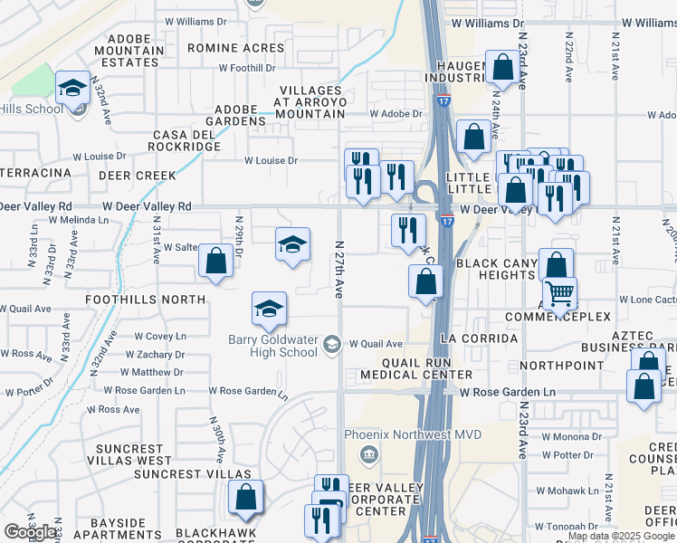 map of restaurants, bars, coffee shops, grocery stores, and more near 21100 North 27th Avenue in Phoenix