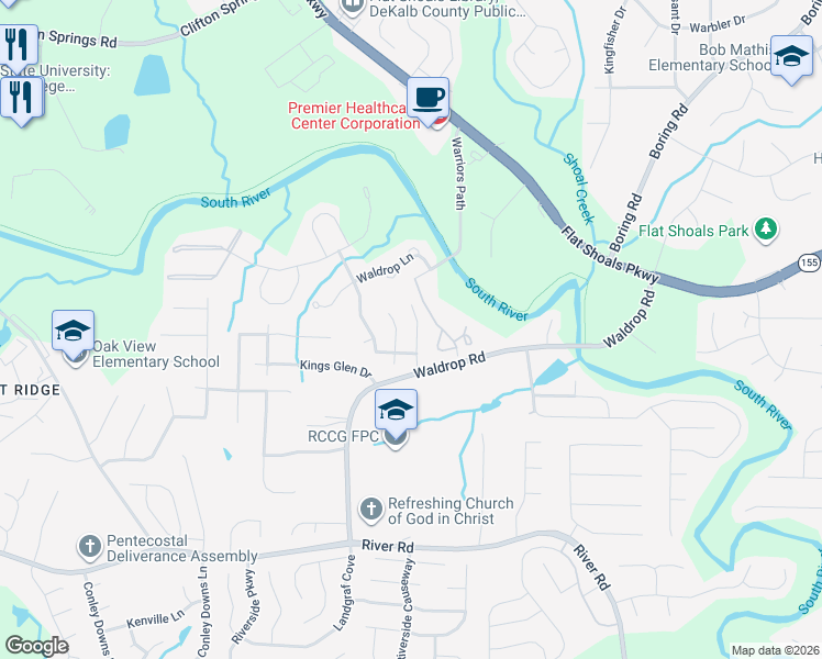 map of restaurants, bars, coffee shops, grocery stores, and more near 3490 Kingswood Trail in Decatur