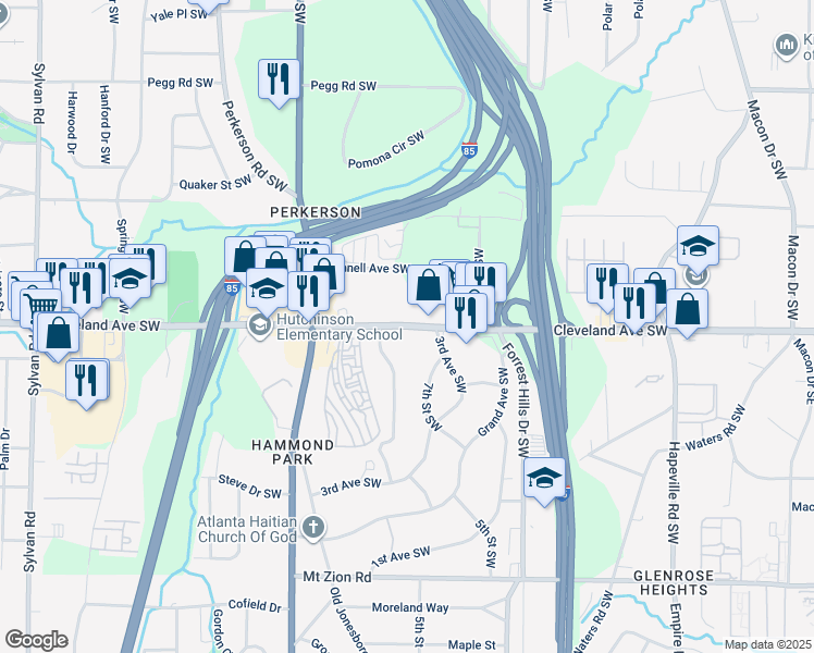 map of restaurants, bars, coffee shops, grocery stores, and more near Cleveland Avenue Southwest in Atlanta