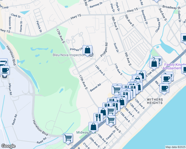 map of restaurants, bars, coffee shops, grocery stores, and more near 702 Beach Walk Place in Myrtle Beach