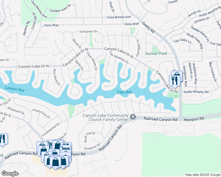 map of restaurants, bars, coffee shops, grocery stores, and more near 30360 Point Marina Drive in Canyon Lake